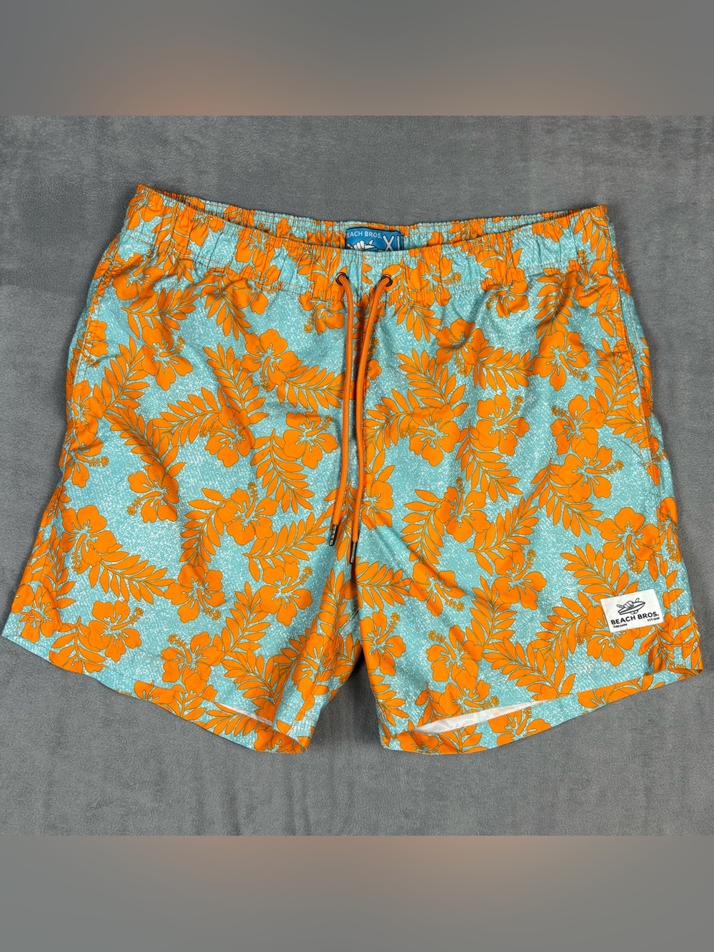 Beach Bros XL Swim Trunks Teal Orange Tropical Hibiscus Hawaiian Floral Shorts